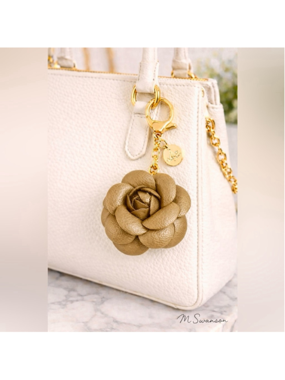 NEW Camellia Rose Bag Charm Keychain Khaki Tan Vegan Leather Floral Charm NWT
